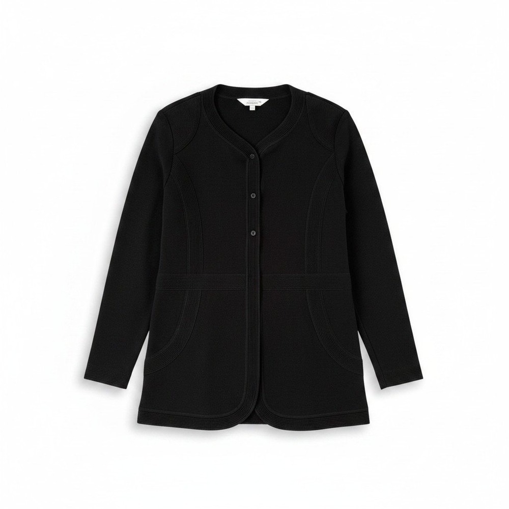 Misook Black Open Front Knit Cardigan Jacket Ribbed Trim Pockets‎ Large